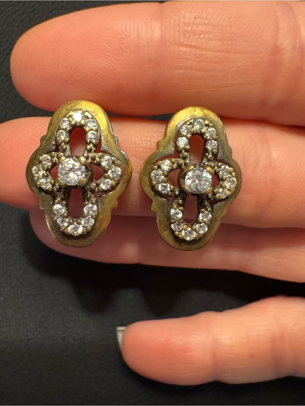 Vintage Sterling Silver, Brass, and CZ Quatrefoil Earrings